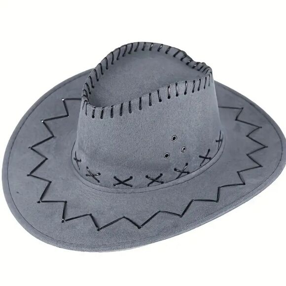 Western Style Faux Suede Cowboy Hat with Stitched Detail - Gray - Picture 1 of 6